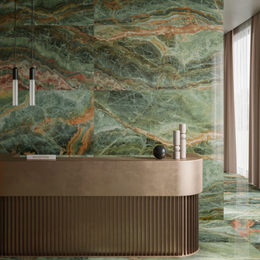 Kitchen wall and floor using polished onyx porcelain tiles