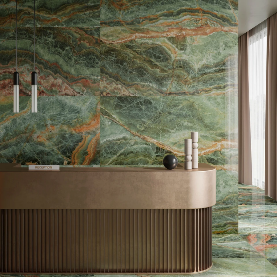 Kitchen wall and floor using polished onyx porcelain tiles