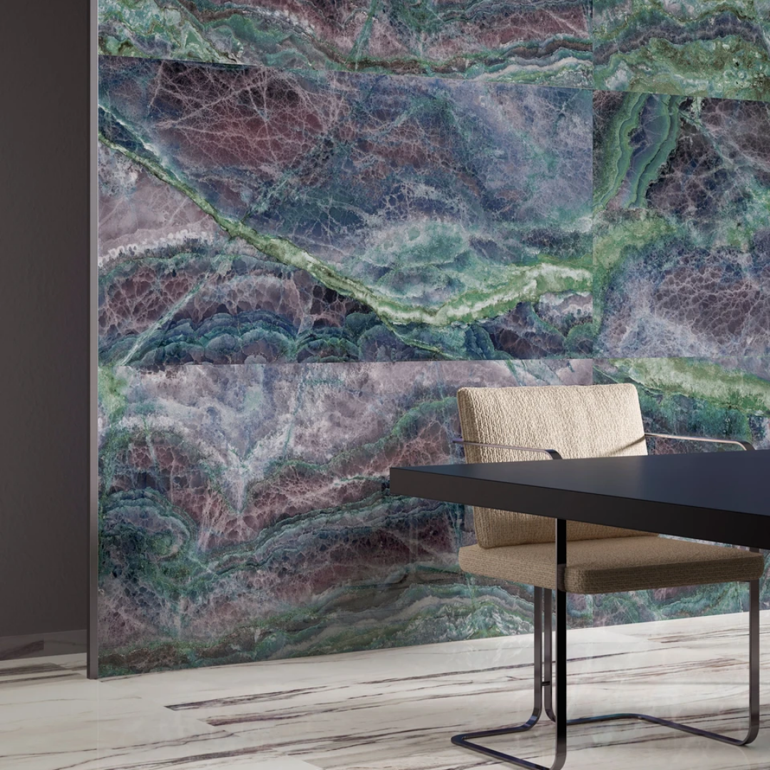 Kitchen wall and floor using polished onyx effect tiles