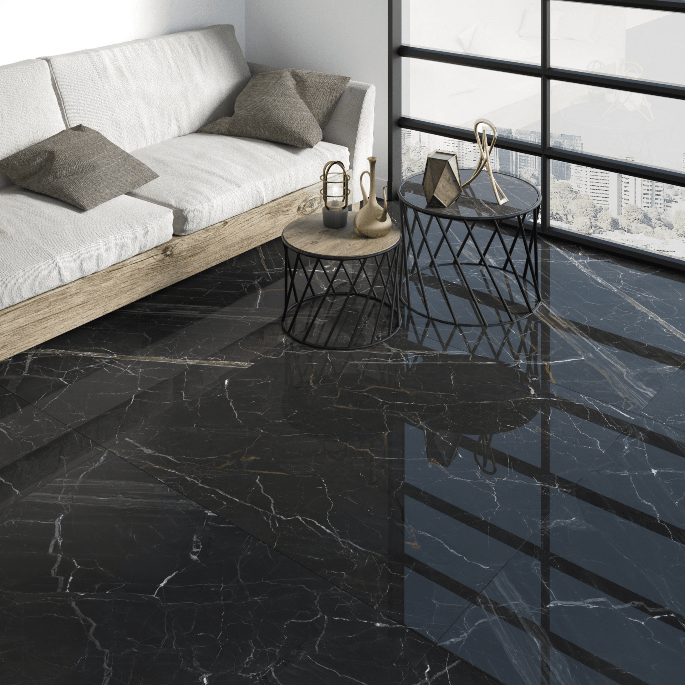 Gloss finish black porcelain floor tile
