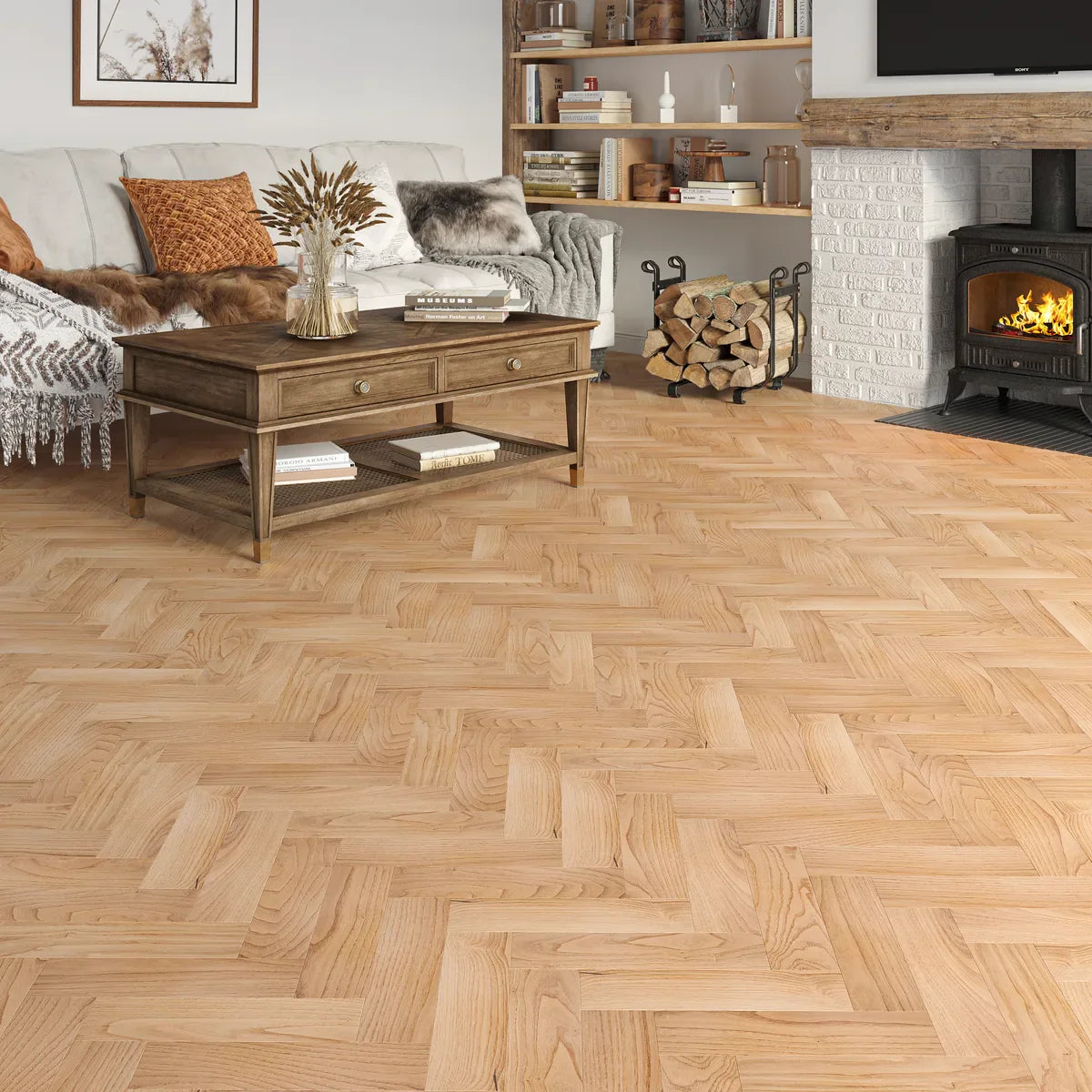 Bramwell Natural Oak Herringbone Flooring in a room setting