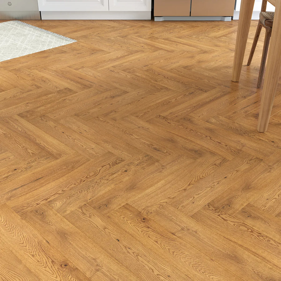 Glenmore Golden Oak Herringbone Flooring in a room setting