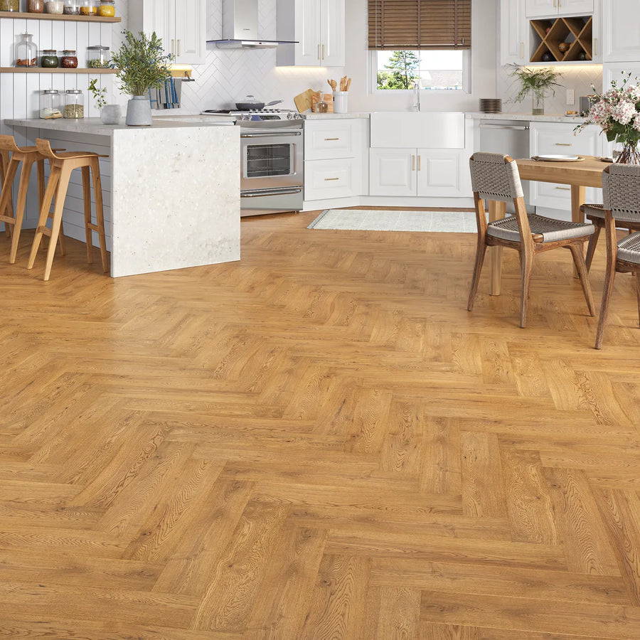 Glenmore Golden Oak Herringbone Flooring in a room setting