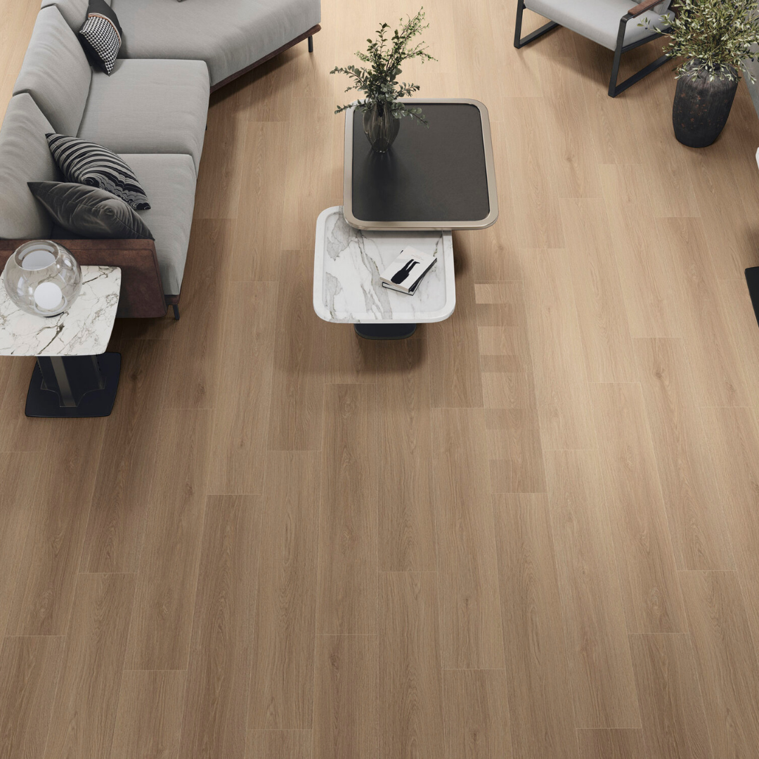 Brown SPC wood look tiles for modern floor design