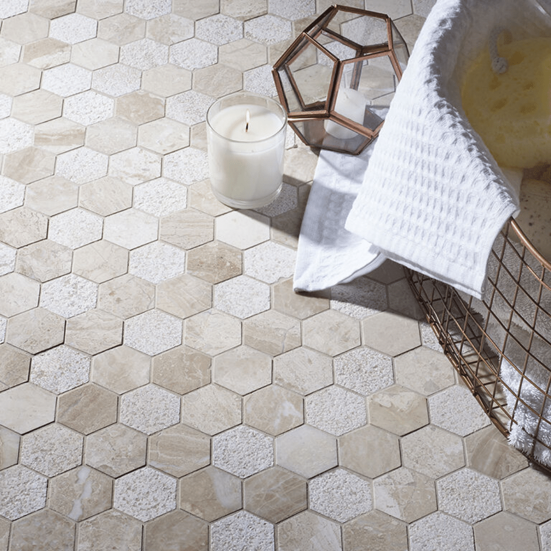 Mixed finish hexagon mosaic in cream marble interior