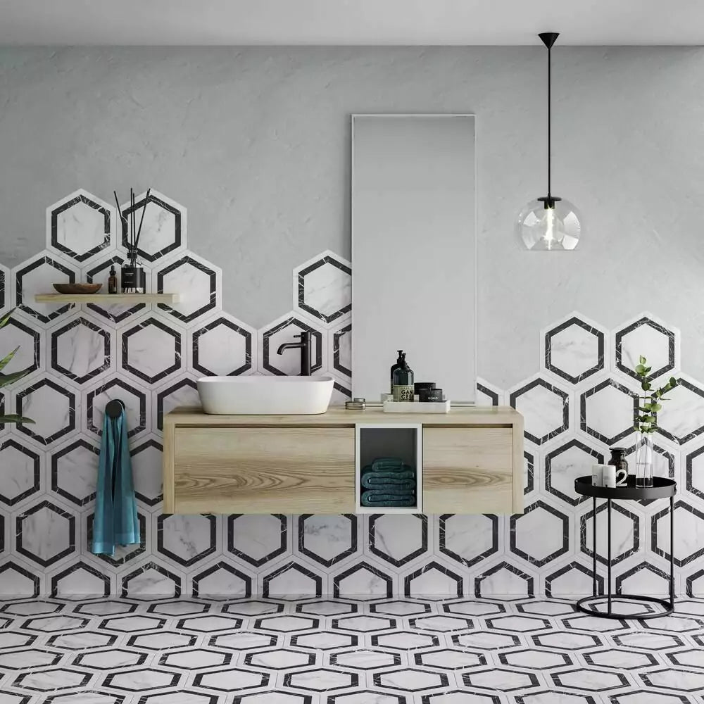 White grey hexagon marble effect porcelain wall floor tile