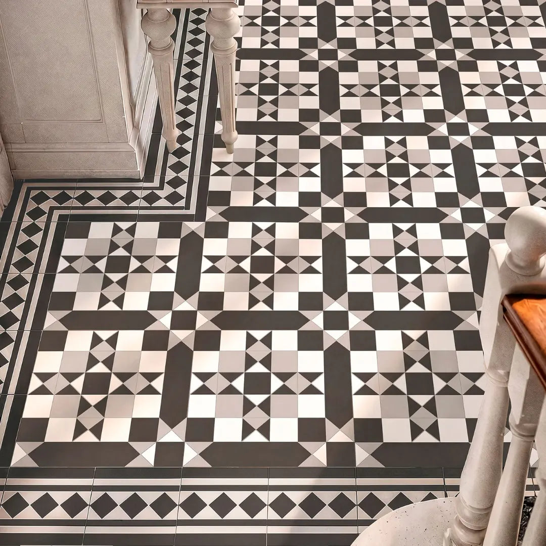 Black and white Victorian porcelain wall and floor tiles