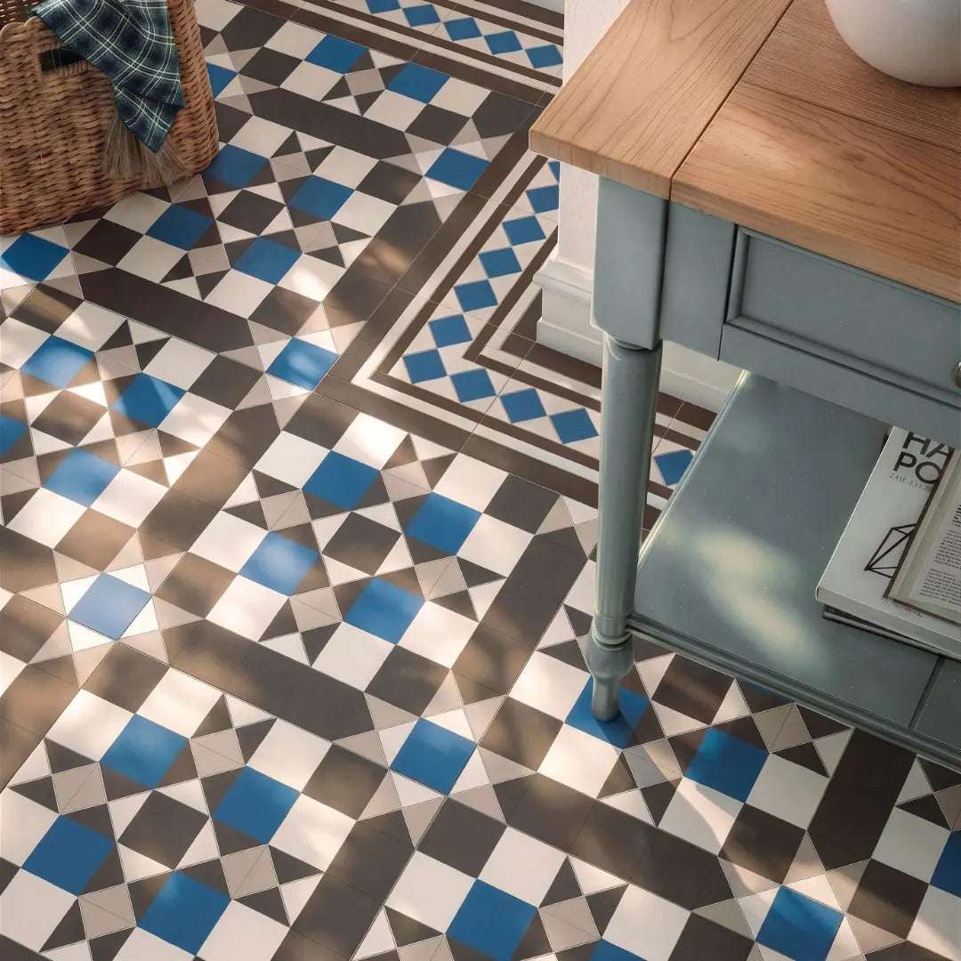 Blue white porcelain corner tile for Victorian interiors