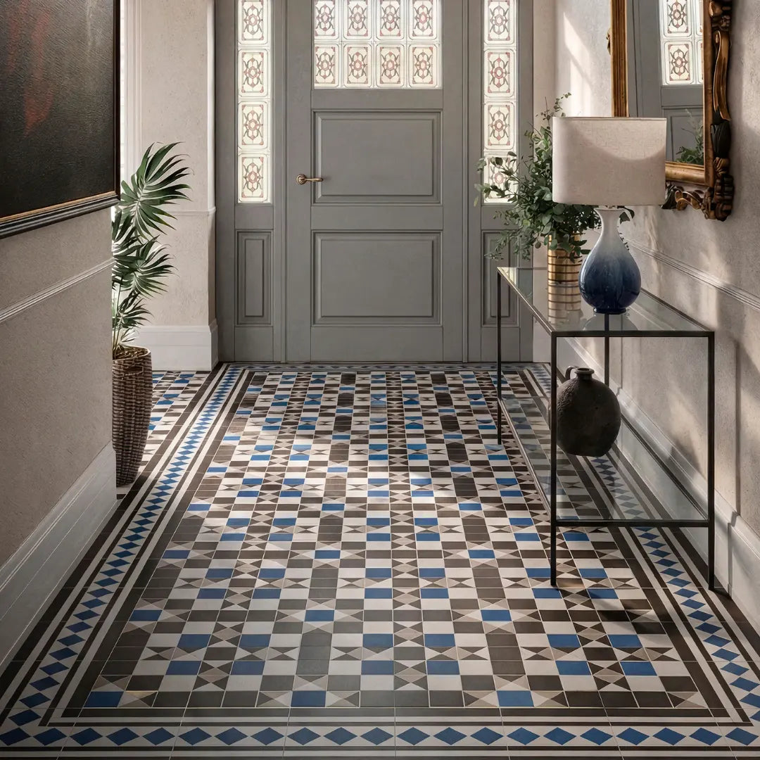 Blue and white Victorian porcelain tiles for walls and floors