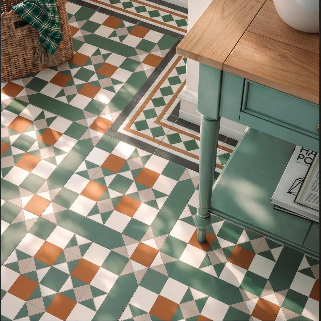 Green and white Victorian porcelain wall and floor tile