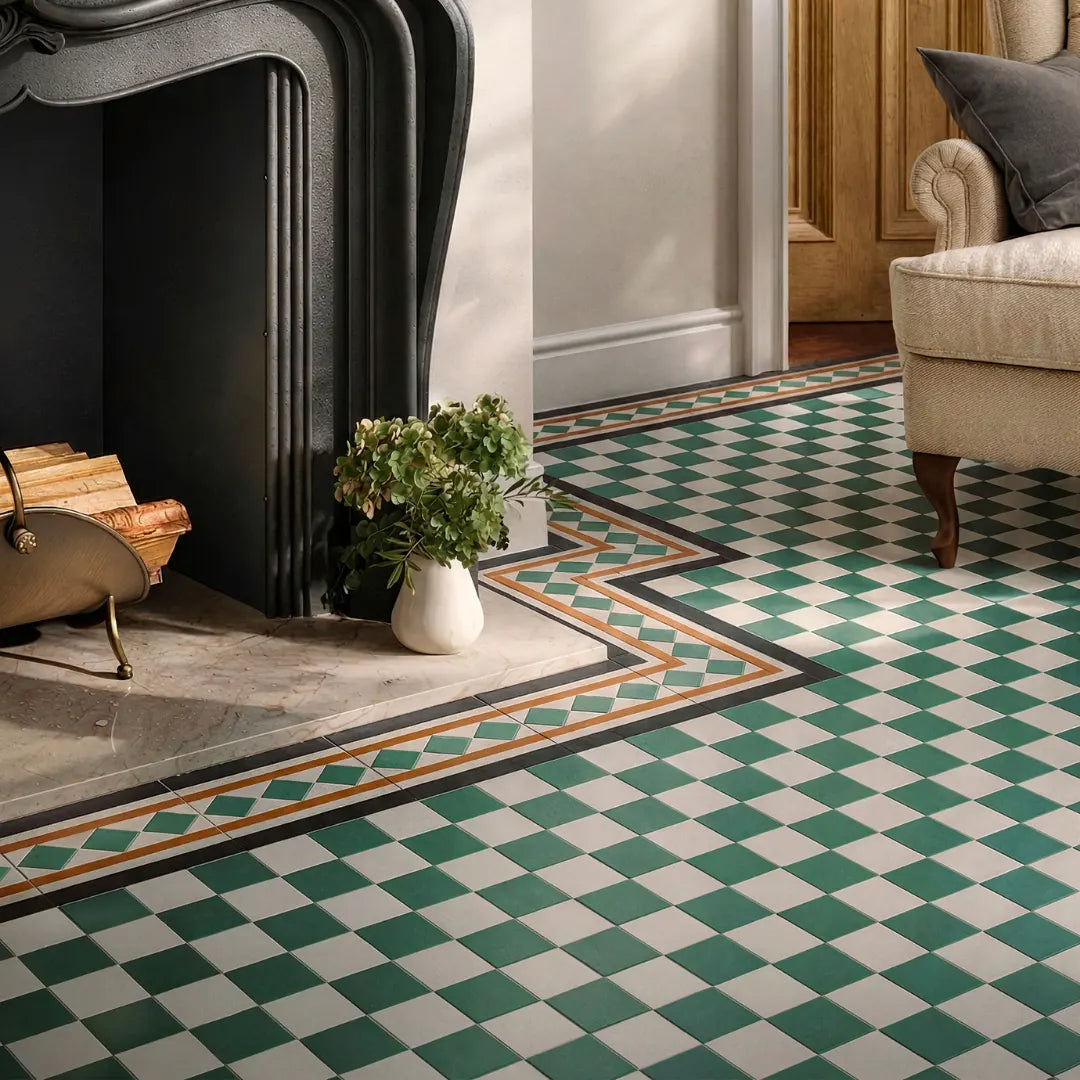 Green and white Victorian chequer porcelain wall floor tile