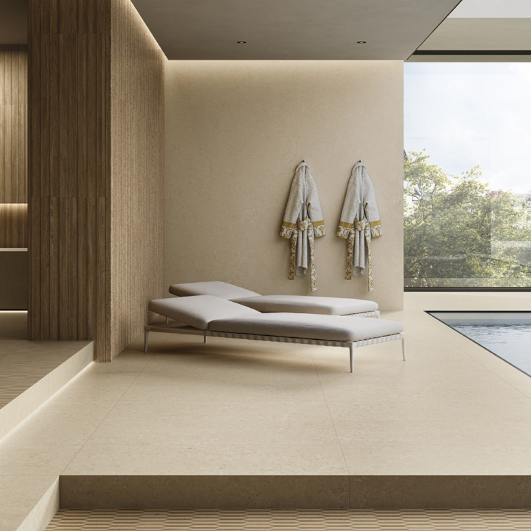 Beige ceramic stone look tiles for wall floor interiors