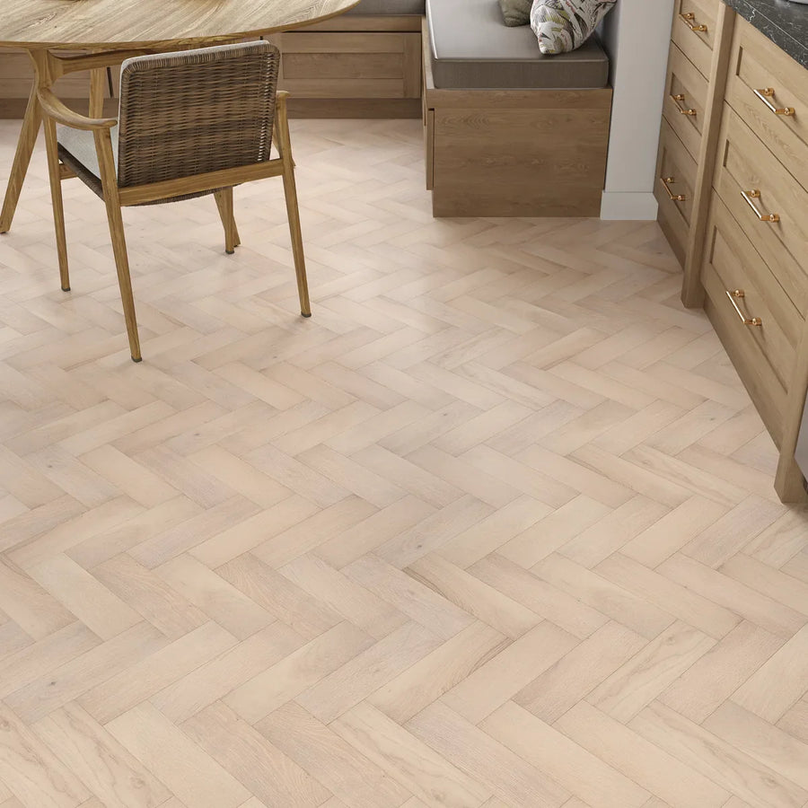 Westmere White Oak Herringbone Flooring in a room setting