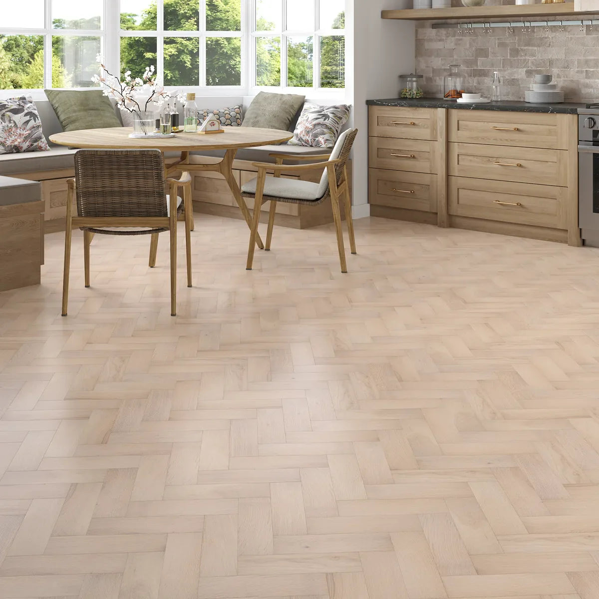 Westmere White Oak Herringbone Flooring in a room setting