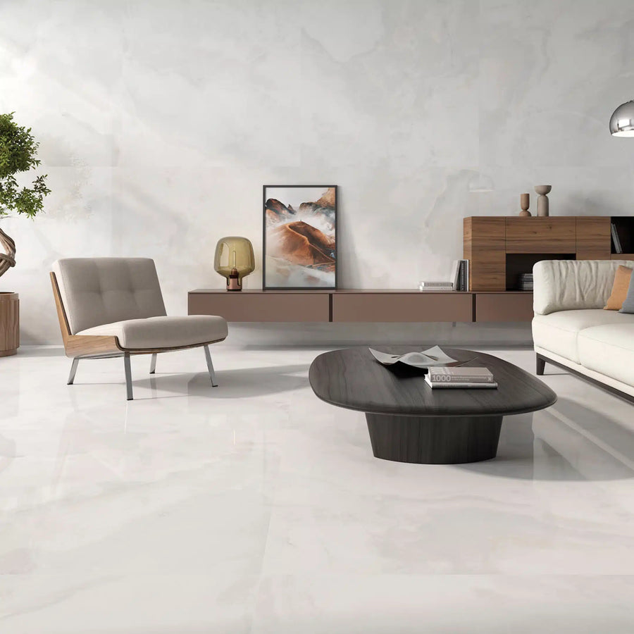 Oni White polished porcelain tile for floor and wall