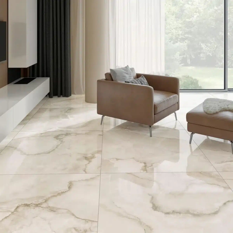 Basil Bone Matt – Porcelain Tile installed in a modern bathroom floor