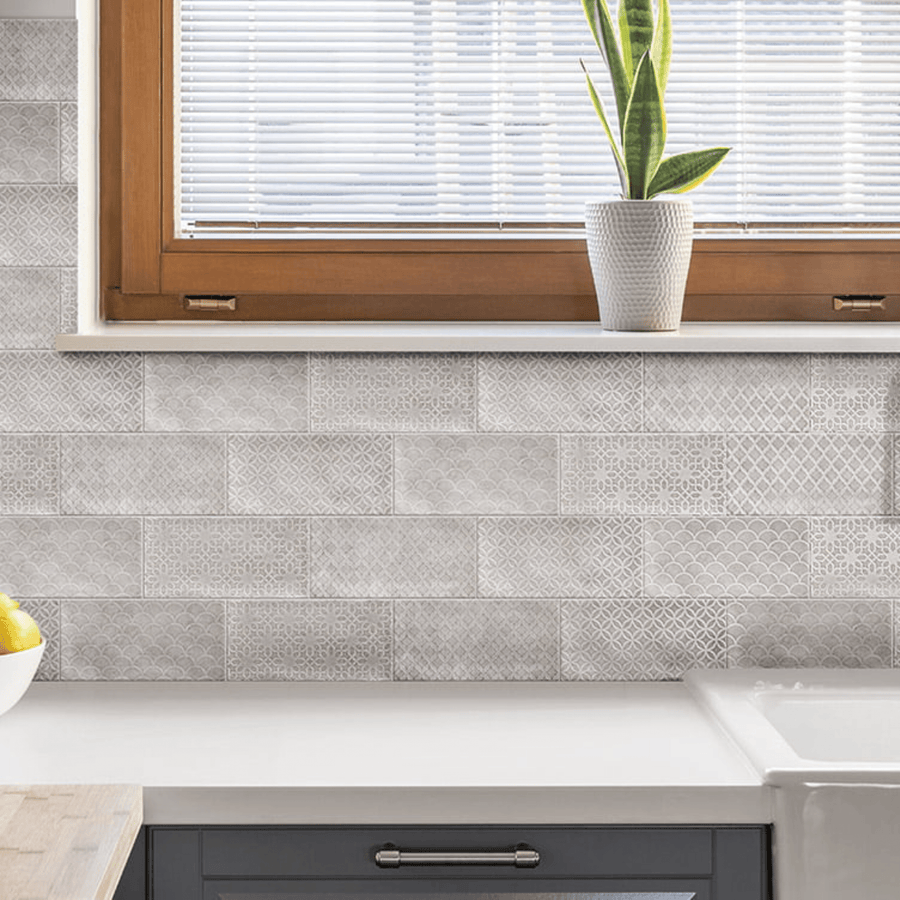 Close-up of Chiswick Grey Decor tile's subtle texture