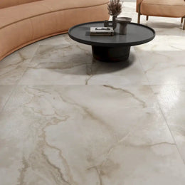 Lappato porcelain tiles used on bathroom floor and wall in soft beige tone