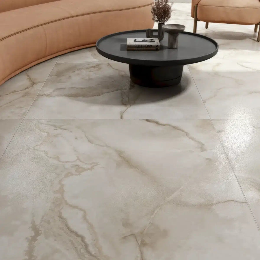 Lappato porcelain tiles used on bathroom floor and wall in soft beige tone