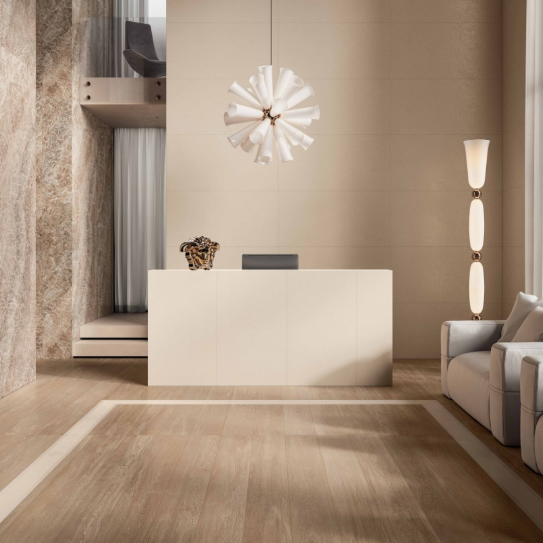 Beige ceramic wood look wall and floor interior tiles