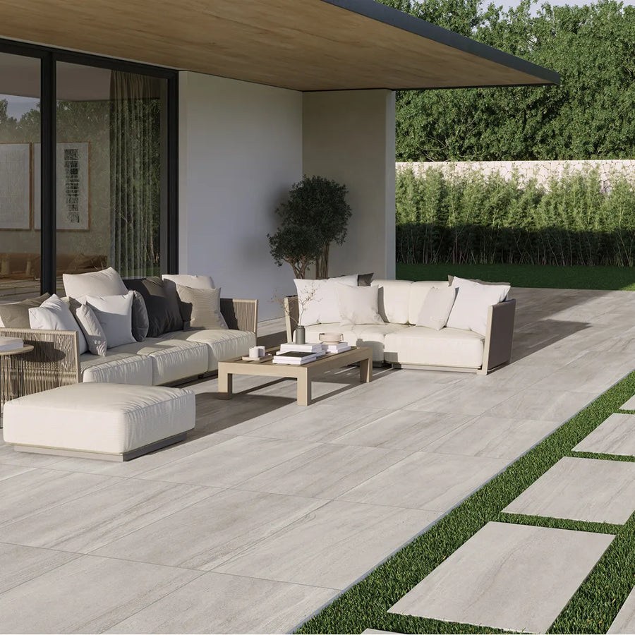Grey porcelain stone effect tiles for stylish outdoor flooring