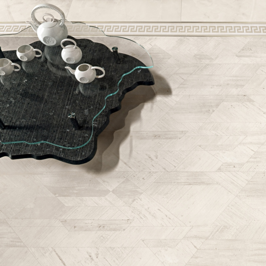 White ceramic wood inspired tiles with elegant flooring texture