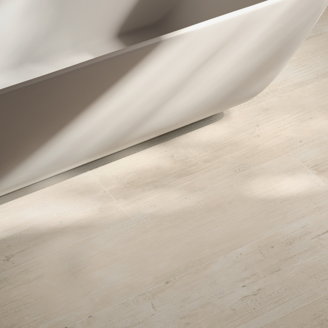 Modern white ceramic flooring tiles with natural wood detailing