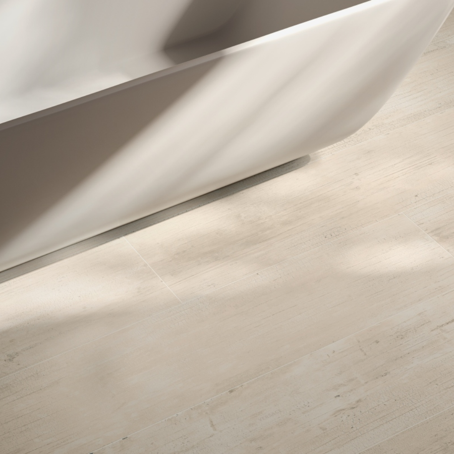Modern white ceramic flooring tiles with natural wood detailing