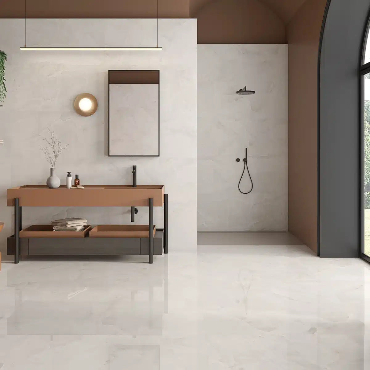 White matt porcelain floor tile with clean lines in kitchen