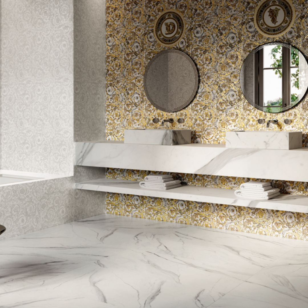 White and gold ceramic decor effect tiles with Matt finish