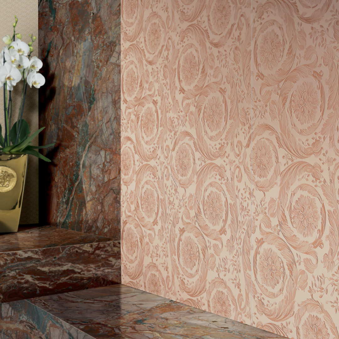 Pink ceramic decor effect tiles with elegant decorative surface