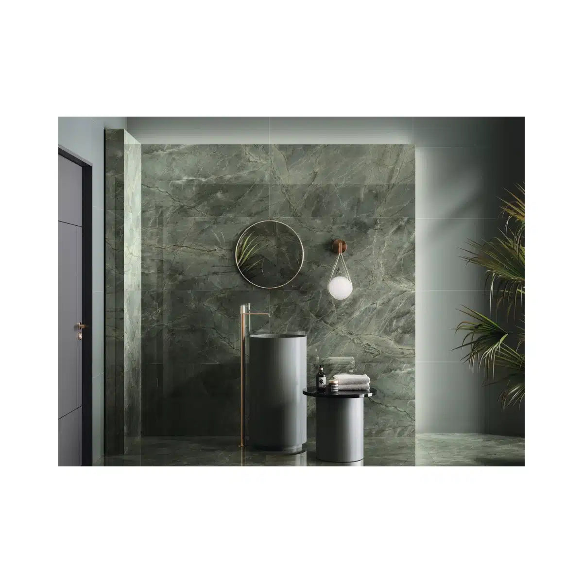 Polished porcelain tile with marble look used in contemporary kitchen design