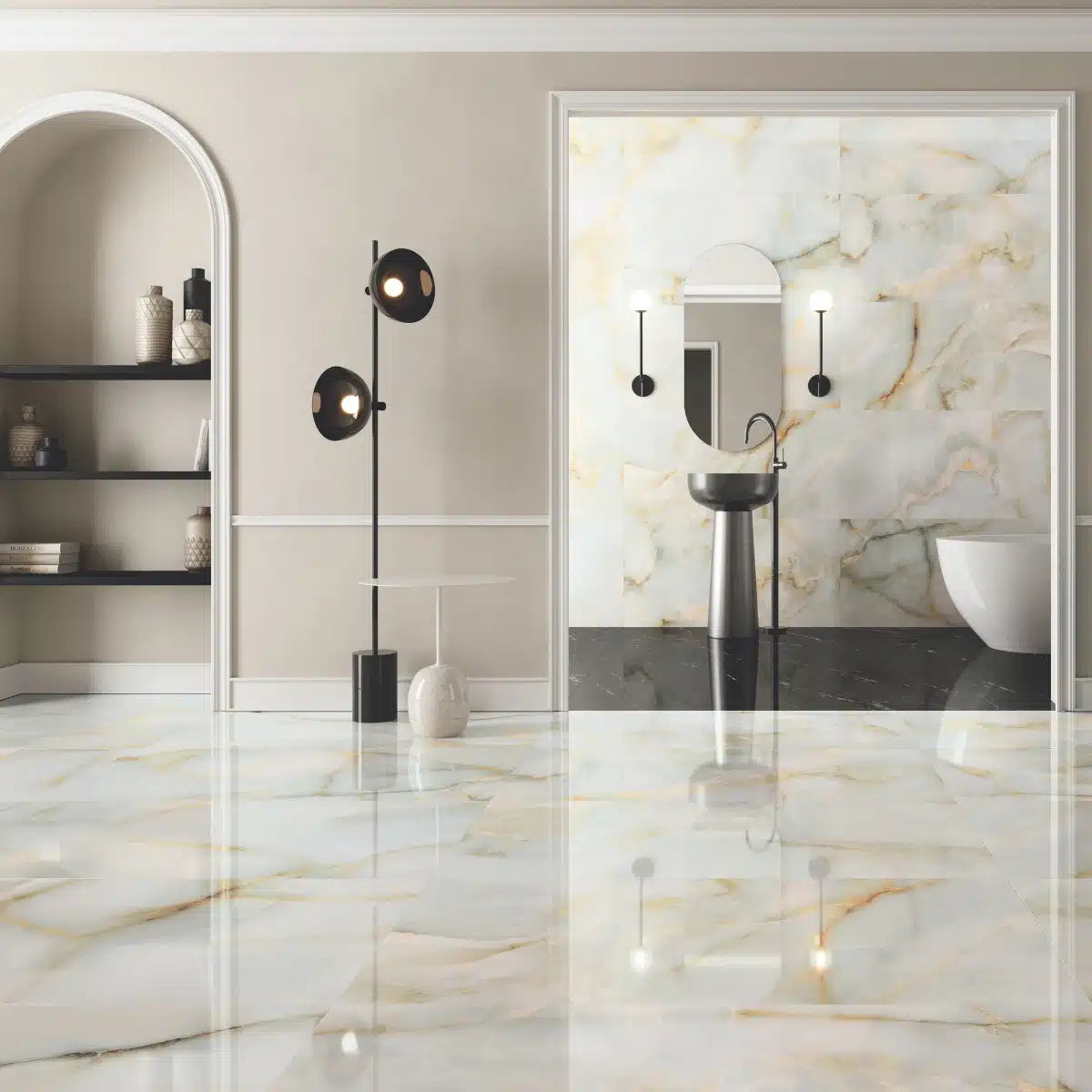 White polished porcelain tile with high gloss finish – Onice Nacar