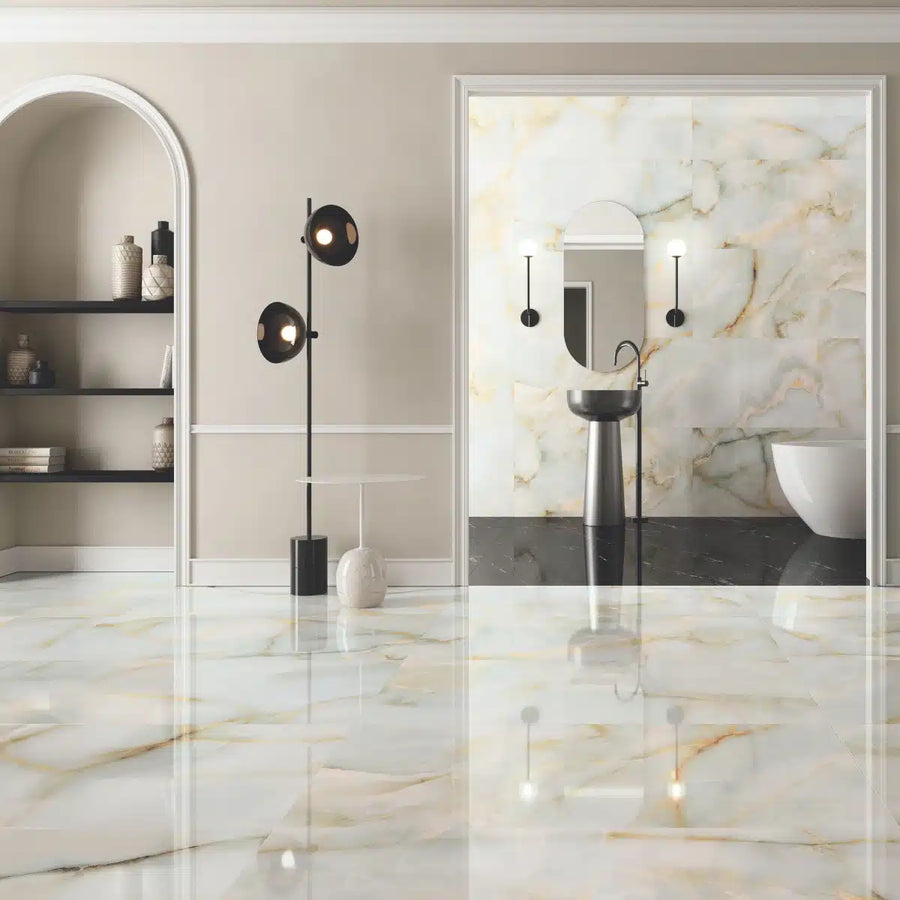 White polished porcelain tile with high gloss finish – Onice Nacar
