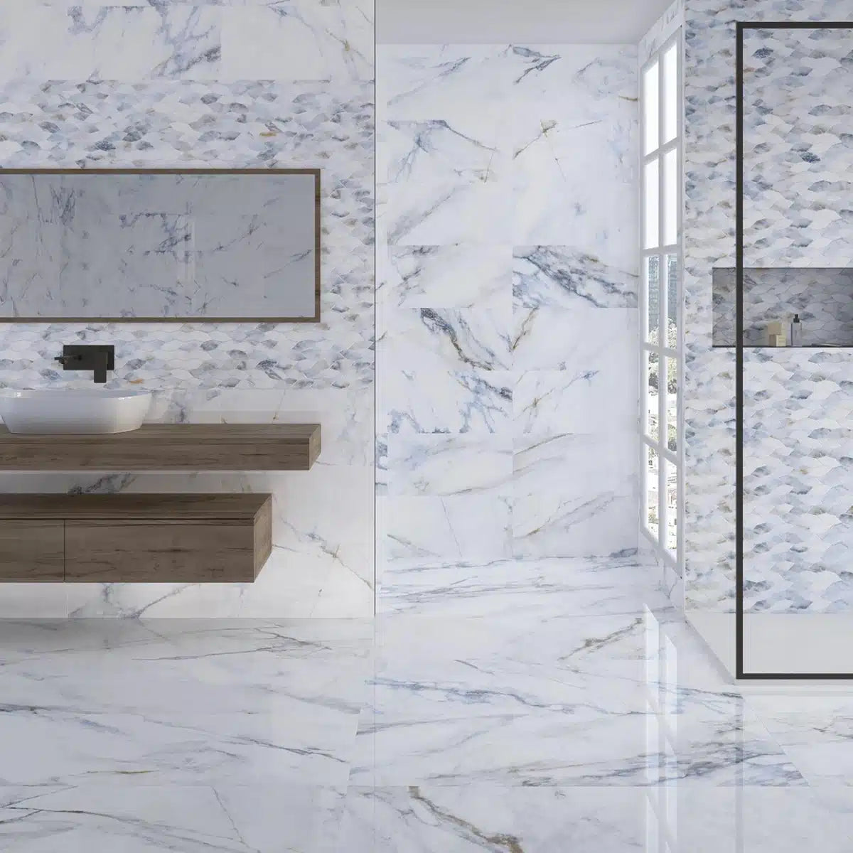 Basil Bone Matt – Porcelain Tile installed in a modern bathroom floor