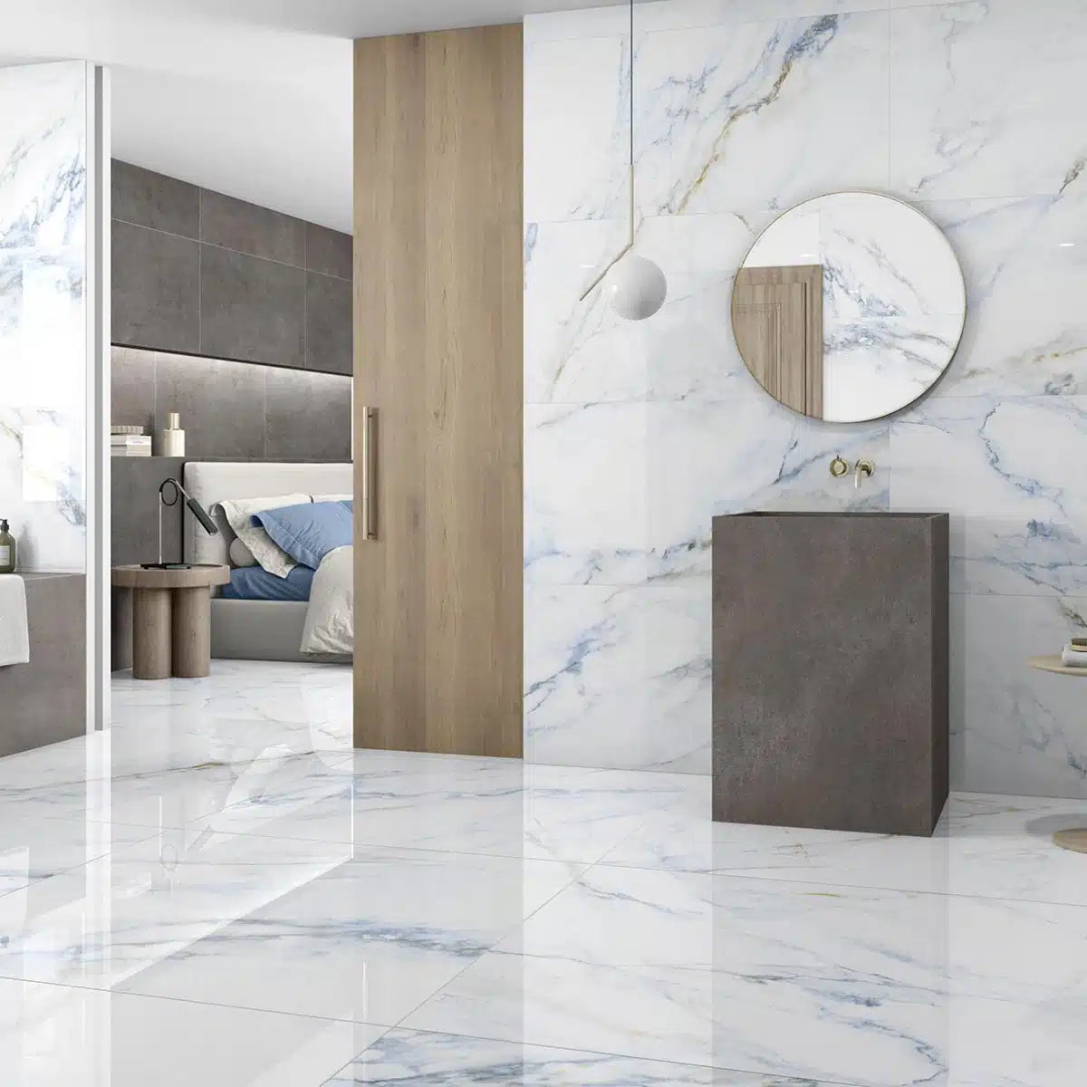 Basil Bone Matt tiles on both wall and floor in a minimalist interior design